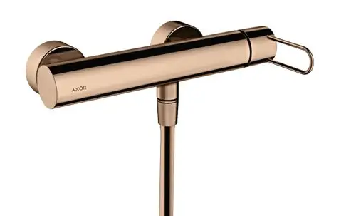 Elegante bronze-finish Brausearmatur von AXOR mit klaren Linien und minimalistischen Design, ausgestattet mit einem Handgriff für eine benutzerfreundliche Anwendung.